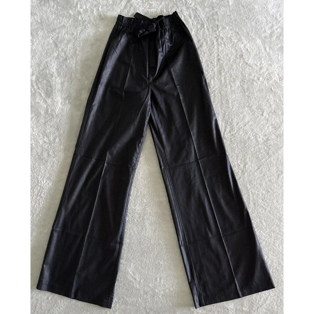 Vintage Women’s Black Formal Pants Wide-Leg Solid Tie Elastic Waist Preppy - Picture 3 of 16